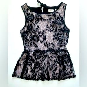 Anthropologie Deletta Black Lace Floral Print Peplum Top